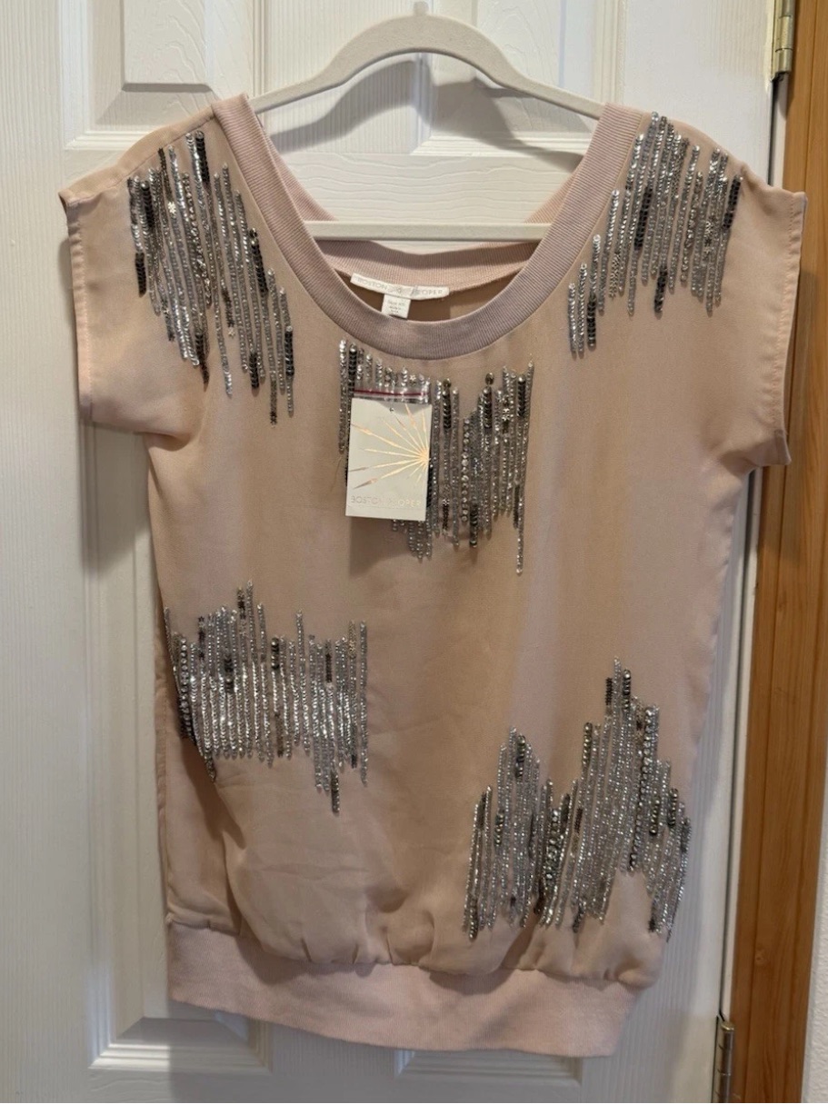 Boston Proper Silver Sequin Embellish Top Xs Blush Rose Gold Evening Nwt $119